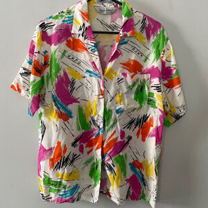 Diane Von Furstenberg White Multicolor Button Down Shirt Size 14
